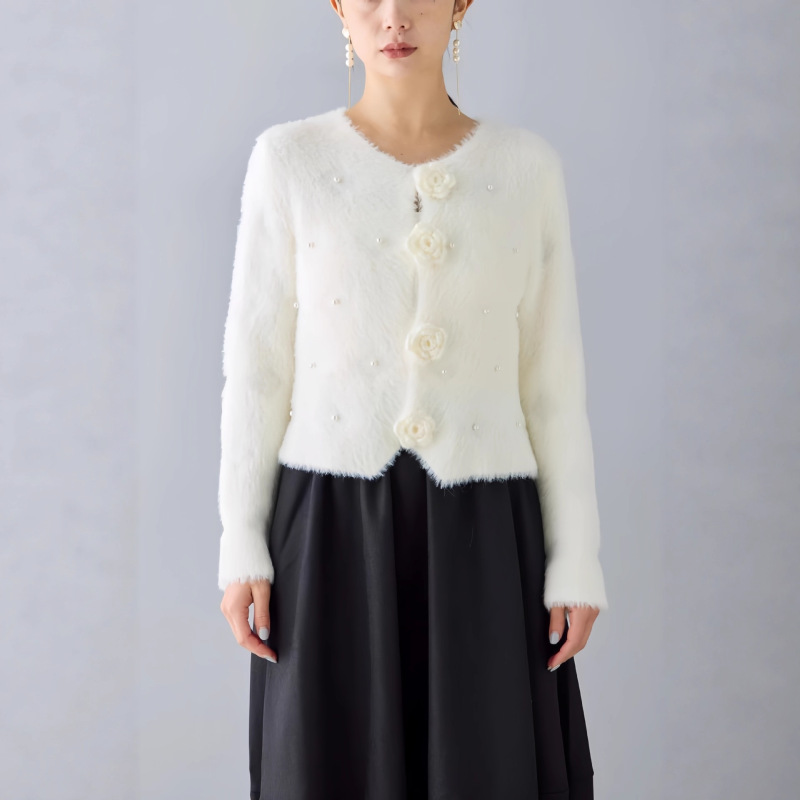 Foreign Trade Japanese and Korean Style French Style Chic Beaded Mink Hair Stereo Flower Knitted Cardigan Sweater Jacket for Women Foreign Trade Japanese and Korean Style French Style Chic Beaded Mink Hair Stereo Flower Knitted Cardigan Sweater Jacket for Women