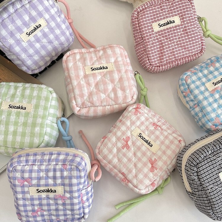 3922 Quilted Cotton Plaid Storage Sanitary Bag Coin Bag Mini Cosmetic Bag Key Sundry Student Bag