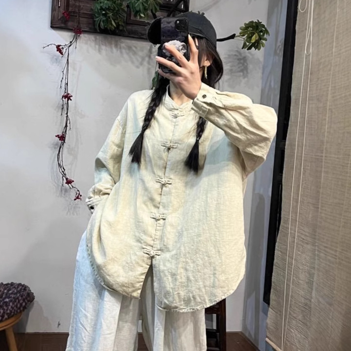 Linen Jacket Shirt Women's Spring Artistic Retro Loose plus size Chinese Buckle Solid Color Cardigan Top 9050