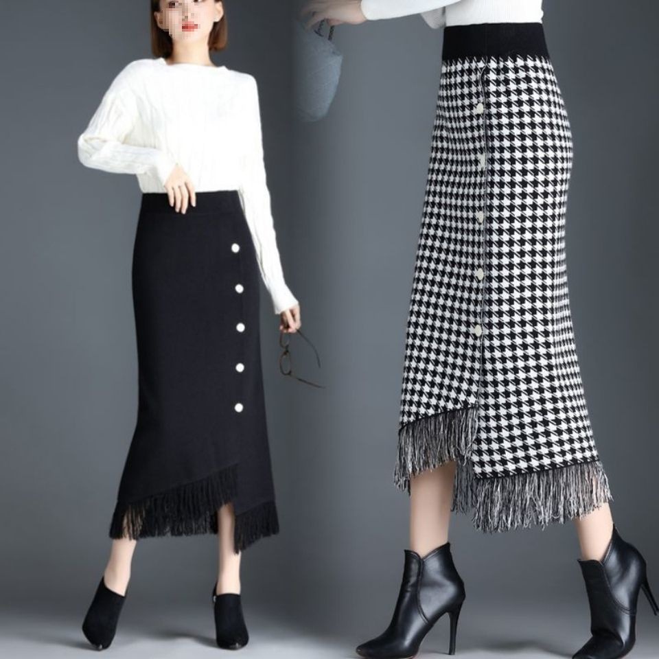秋冬高腰针织半身裙女毛线显瘦加厚新款流苏百搭千鸟格2026包臀裙
