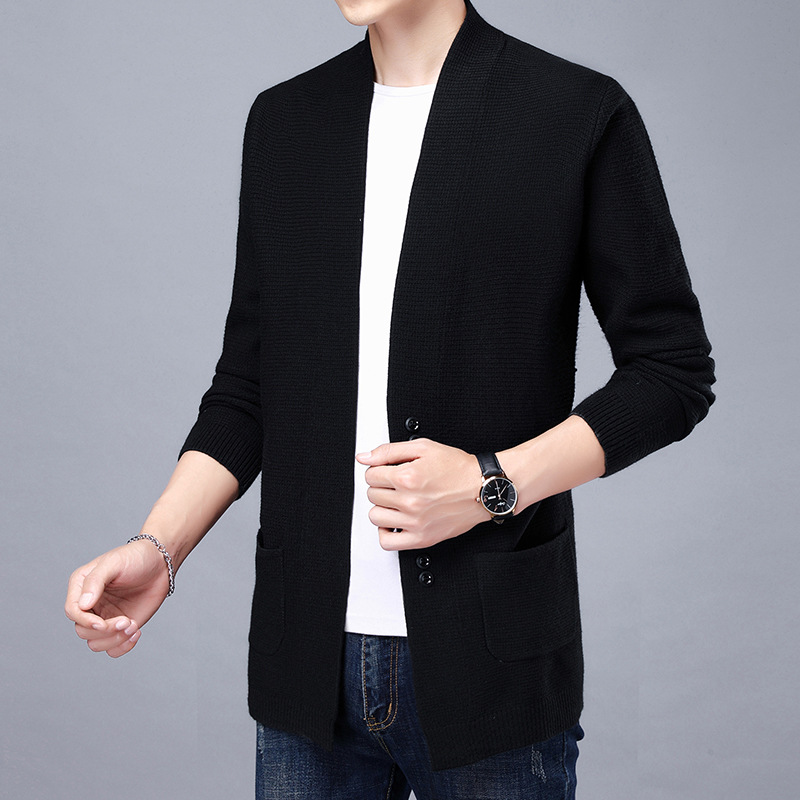 Primavera y otoño nuevos hombres suéter moda color sólido suéter cardigan de manga larga de punto casual chaqueta de los hombres al por mayor