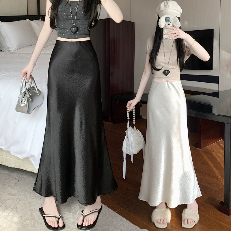 Шелковистая ацетатная атласная рыбий хвост юбка весна и лето 2025 новая тонкая юбка с высокой талией