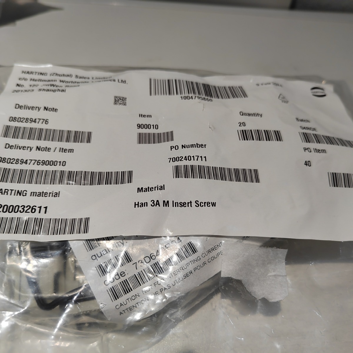 HARTING3芯公插芯09200032611