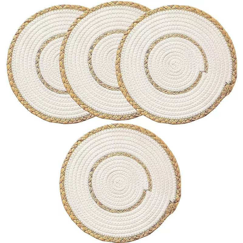 Alfombrilla para mesa redonda de estilo japonés tejida a mano de hierba de calabaza - Alfombrilla aislante térmica, cuerda de algodón, combinación doble, alfombrilla para mesa occidental - Producto transfronterizo