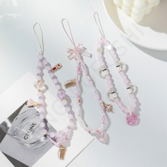 New trendy pastel purple glass bead phone chain with unique design, girly heart phone charm and hanging accessory