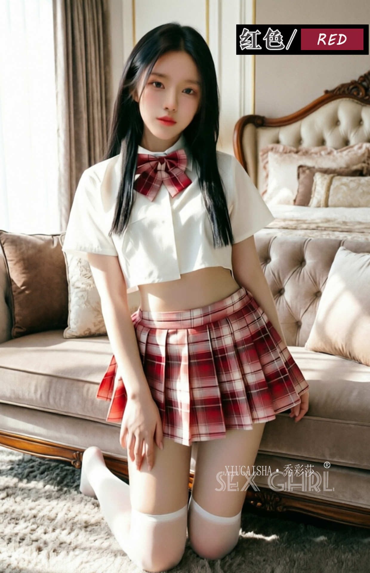 Student-Style Roleplay Lingerie Set with Plaid Skirt, Top, Bow Tie, Thong and Stockings — detail image 18