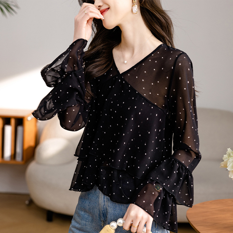 2025 봄 여름 여성용 브이넥 긴팔 폴카 도트 쉬폰 셔츠, 패셔너블하고 다재다능하며 고급스러운 배를 덮는 슬리밍 셔츠
