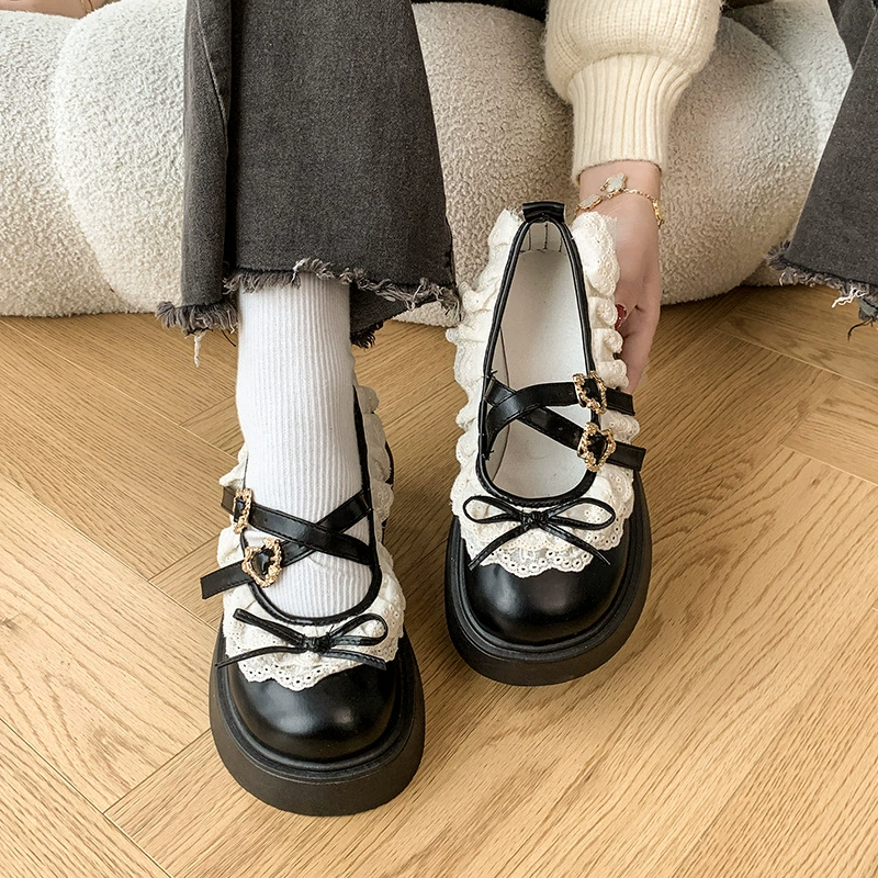Черная бантик светло-туфли на толстой подошве маленькие кожаные туфли женская 2025 новая весна и осень дикая юбка Мэри Джейн одиночные туфли