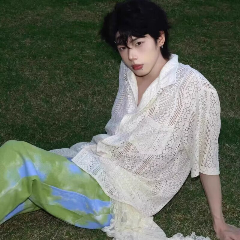 French-style Hollow-out Short-sleeved Shirt Men's Summer Thin Niche Design Sense Lace Shirt High-grade Sense Ice Silk Half-sleeved Shirt