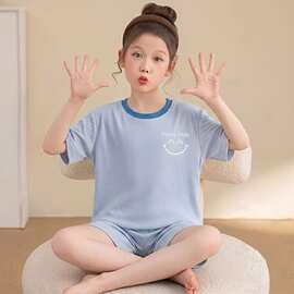 新款儿童冰丝套装女童夏季睡衣薄款中大童短袖空调短裤超萌家居服