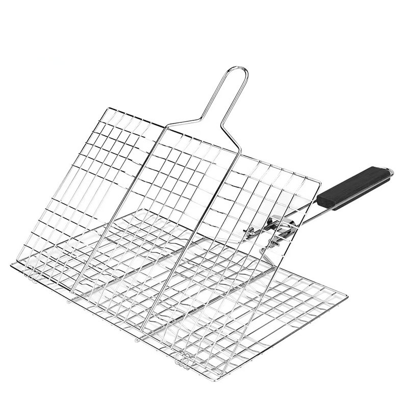 Barbacoa de acero inoxidable BBQ transfronteriza, mango plegable para exteriores, rejilla para hornear, rejilla para barbacoa, rejilla para pescado a la parrilla cuadrada, clip para salchicha