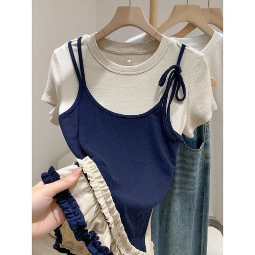 2025 Summer Navy Blue Oatmeal Color Round Neck False Two-Piece Color Block Short-Sleeve T-Shirt for Women, Fitted Top, Trendy