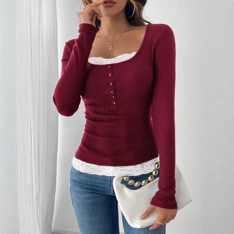 2026 Cross-Border Foreign Trade Women's Square-Neck Button Lace Slim-Fit Knitted Top Knit Sweater Hollow-Out Long Sleeves
