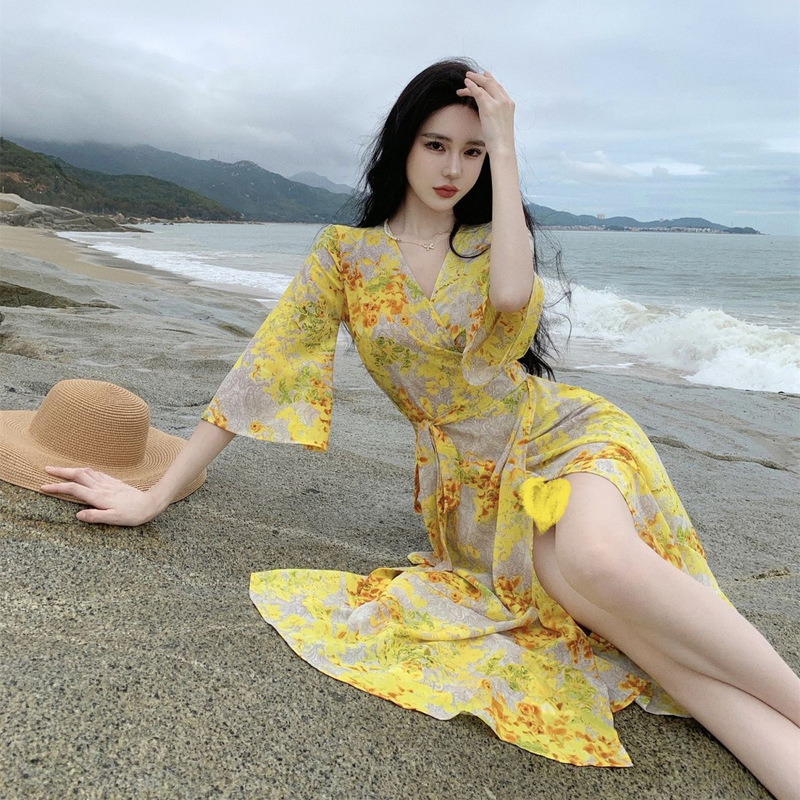 Yellow Shirt French Style Printed Long Skirt Sexy Lingerie Summer Sexy Dress