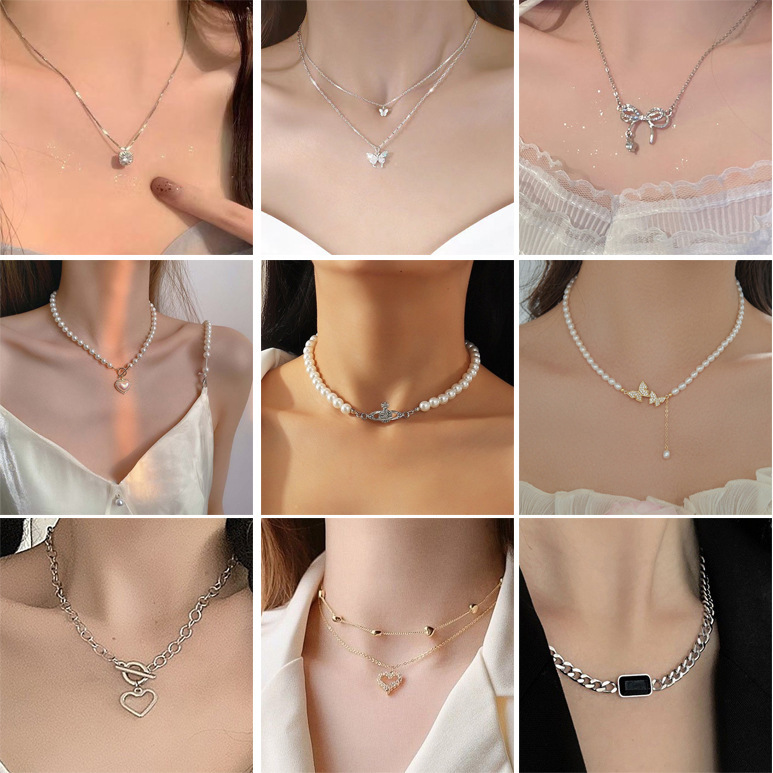 European and American fashion double layer pearl necklace women ins wind butterfly clavicle jewelry flower fashion temperament necklace wholesale