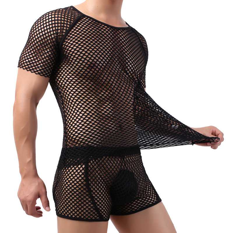 2025 New Style Large Mesh Men's Underwear T-Shirt Sexy Fishnet Hollow Top Men's Foreign Trade Short Sleeve Without Pants