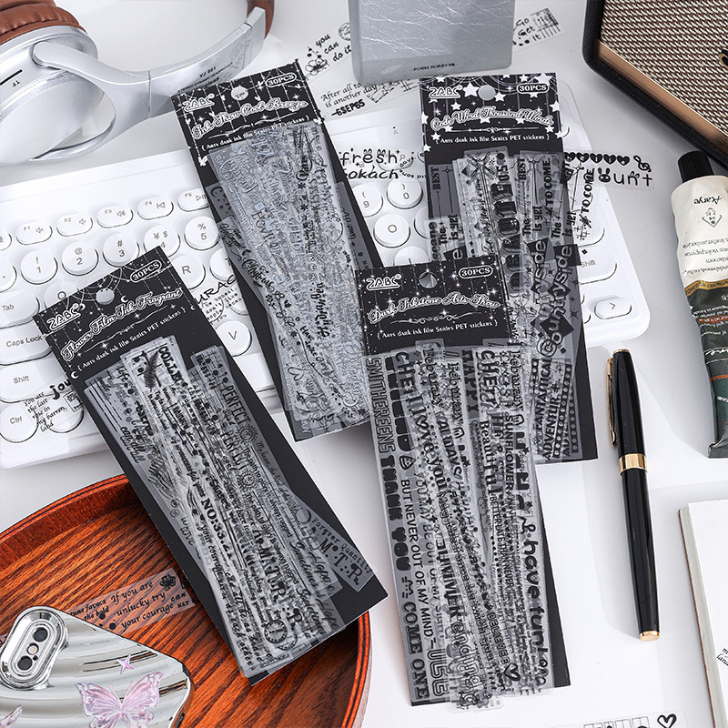 Texto oscuro tinta transparente pegatinas impermeables pet diy pegatinas de diario pegatinas en blanco y negro elementos pegatinas de letras inglesas