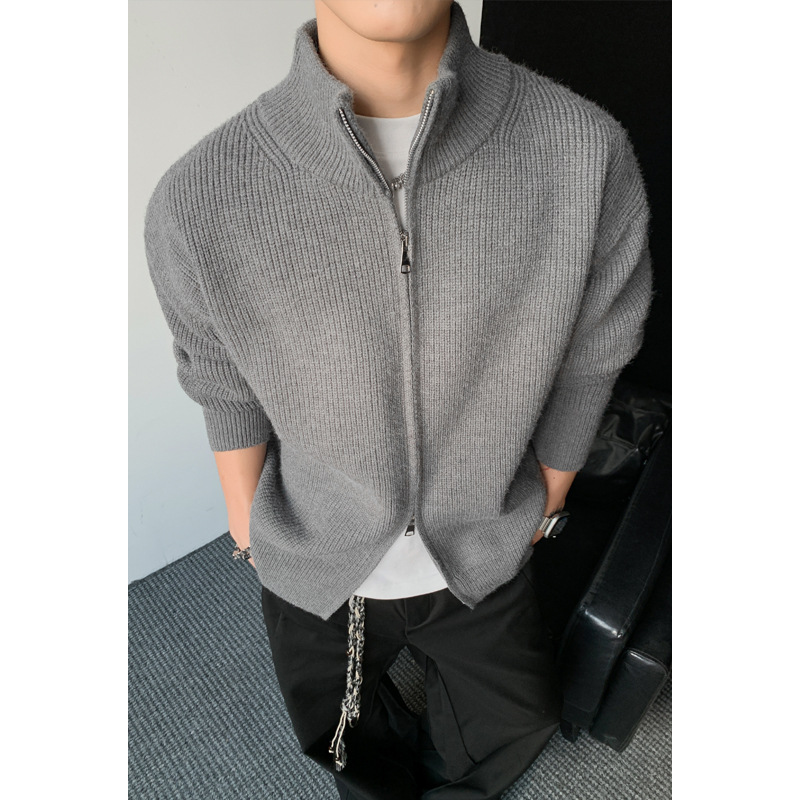Zipper Stand Collar Knitted Cardigan Sweater for Men, Autumn and Winter Thickened Solid Color Inner Layer Slim Fit Base Shirt American Retro Jacket