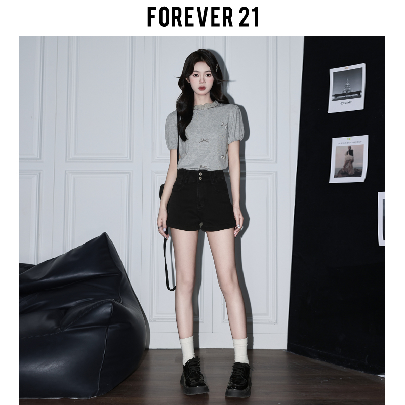 Forever21 アメリカンホットガールブラックハイウエストデニムショートパンツレディースサマーデザインAライン洋ナシ型ヒップカバーホットパンツ|undefined
