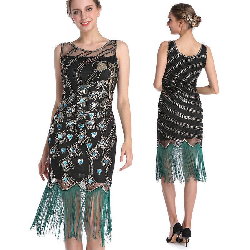 Amazon European and American Ball plus size Sequin dress 1920s Vintage Banquet Peacock Beaded Tassel Dress