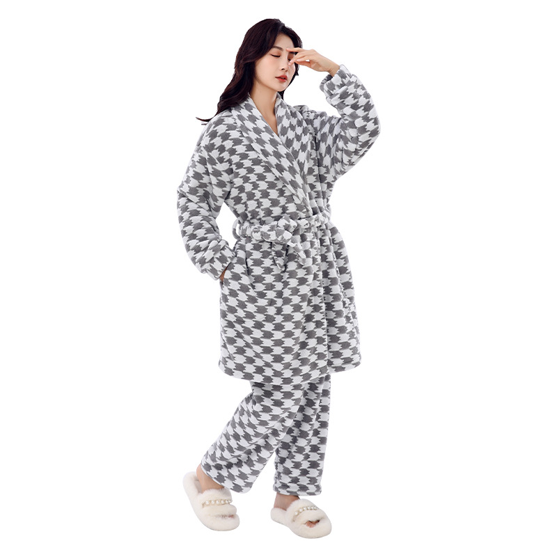 남성과 여성을위한 가을과 겨울 새로운 산호 양털 두꺼운 하운스 나이트 가운 긴 따뜻한 목욕 가운 세트 커플 잠옷