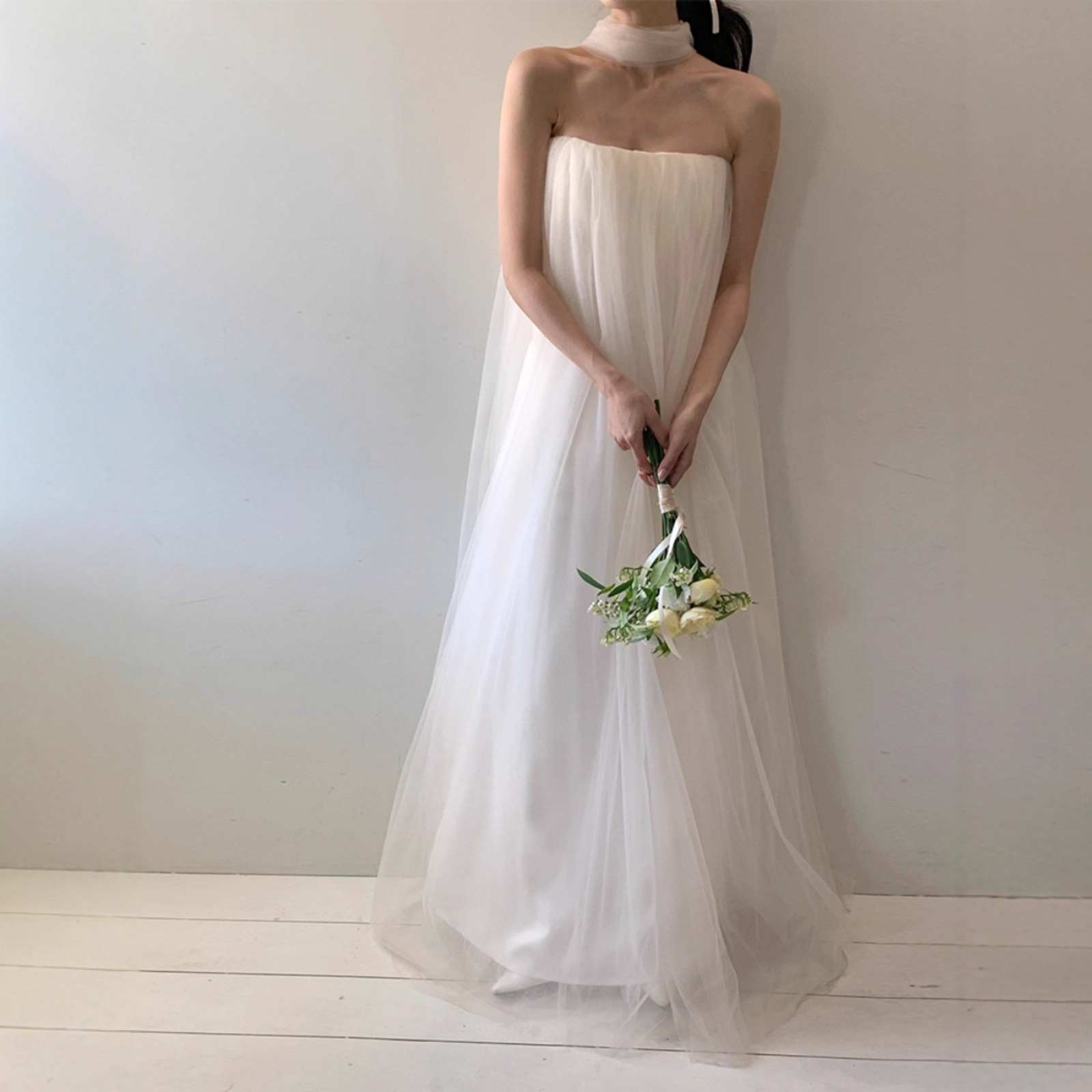 Sweet Travel Photography Light Wedding Dress Strapless Simple Floor-Length Engagement Dress White Dress Niche Bride Morning Robe