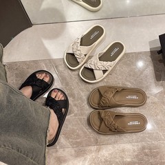 Fairy-style Slippers for Women, 2024 New Arrival: Trendy French-Style Flat Sandals with Pleated Cross Straps—Perfect for Summer Outfits