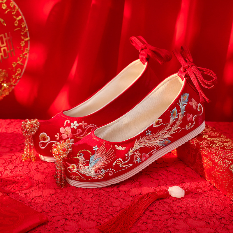 Fengming 2025 New Beaded Red Wedding Shoes Increased Xiuhe Shoes Chinese Toast Wedding Shoes Ancient Style Han Dynasty Shoes