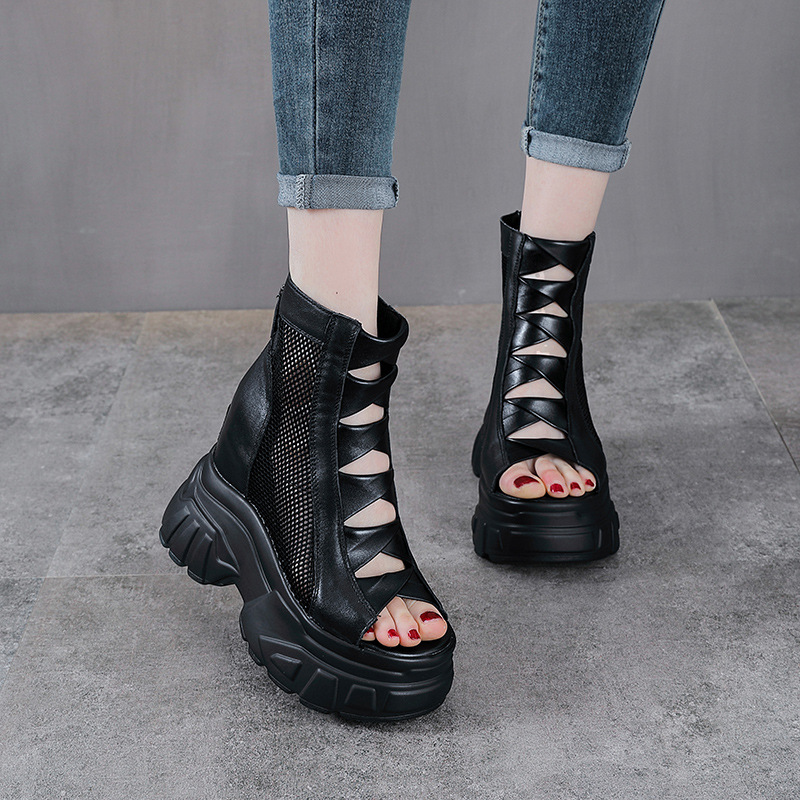 Sandal cao gót nữ mũi hở đế platform 11 cm da bò thật kiểu La Mã — màu đen