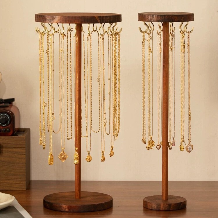 Walnut-Colored Rotating Jewelry Display Stand for Home Use, Necklace and Pendant Storage Rack, Dedicated for Live Streaming and Stall Setup