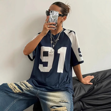 跨境亚马逊运动风数字印花撞色拼接网眼短袖t恤球衣宽松上衣