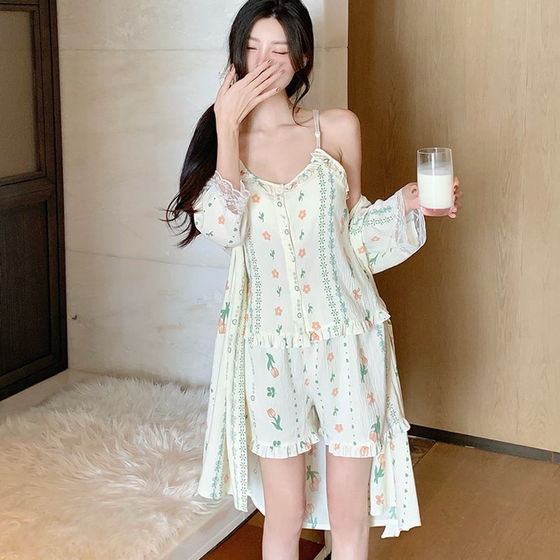 【Shengbei Cross-Border Selection】202 Three-Piece Set Cloud Cotton with Chest Pads, Three-Quarter Sleeves, High-Value Home Wear