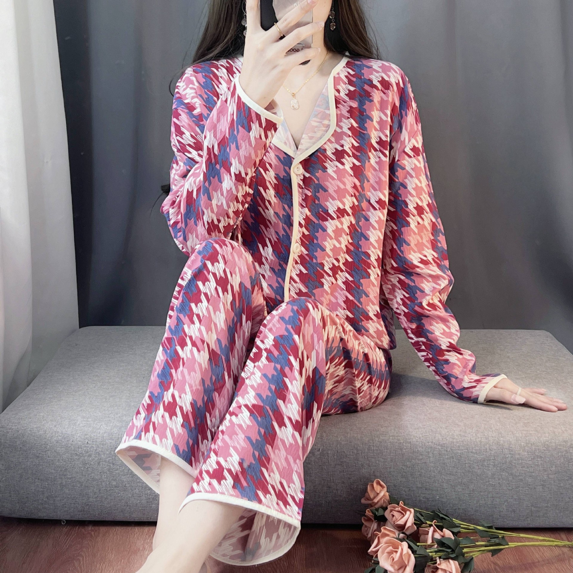 春秋睡衣女长袖长裤卡通小翻领开衫云朵棉家居服女可外穿套装