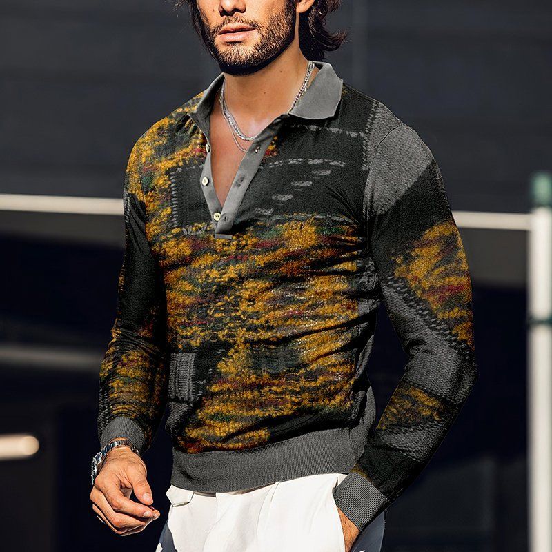 Man's clothing Trend 3D digital print Polo shirt loose trend long sleeve button_voghion.com