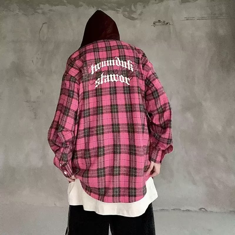 American Style Retro Plaid Hooded Shirt Men's Spring and Autumn Fashion Brand High Street Long Sleeve Lined oversize Coat for Niche