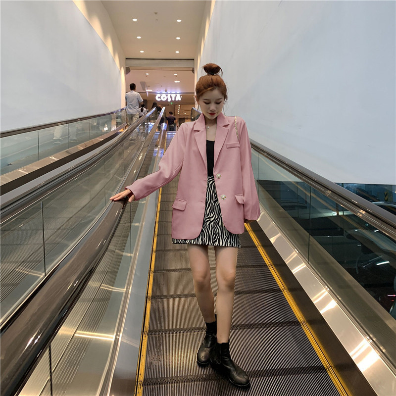 粉色春秋小西装外套2021大码韩版设计英伦风女士OL西服西装上衣女