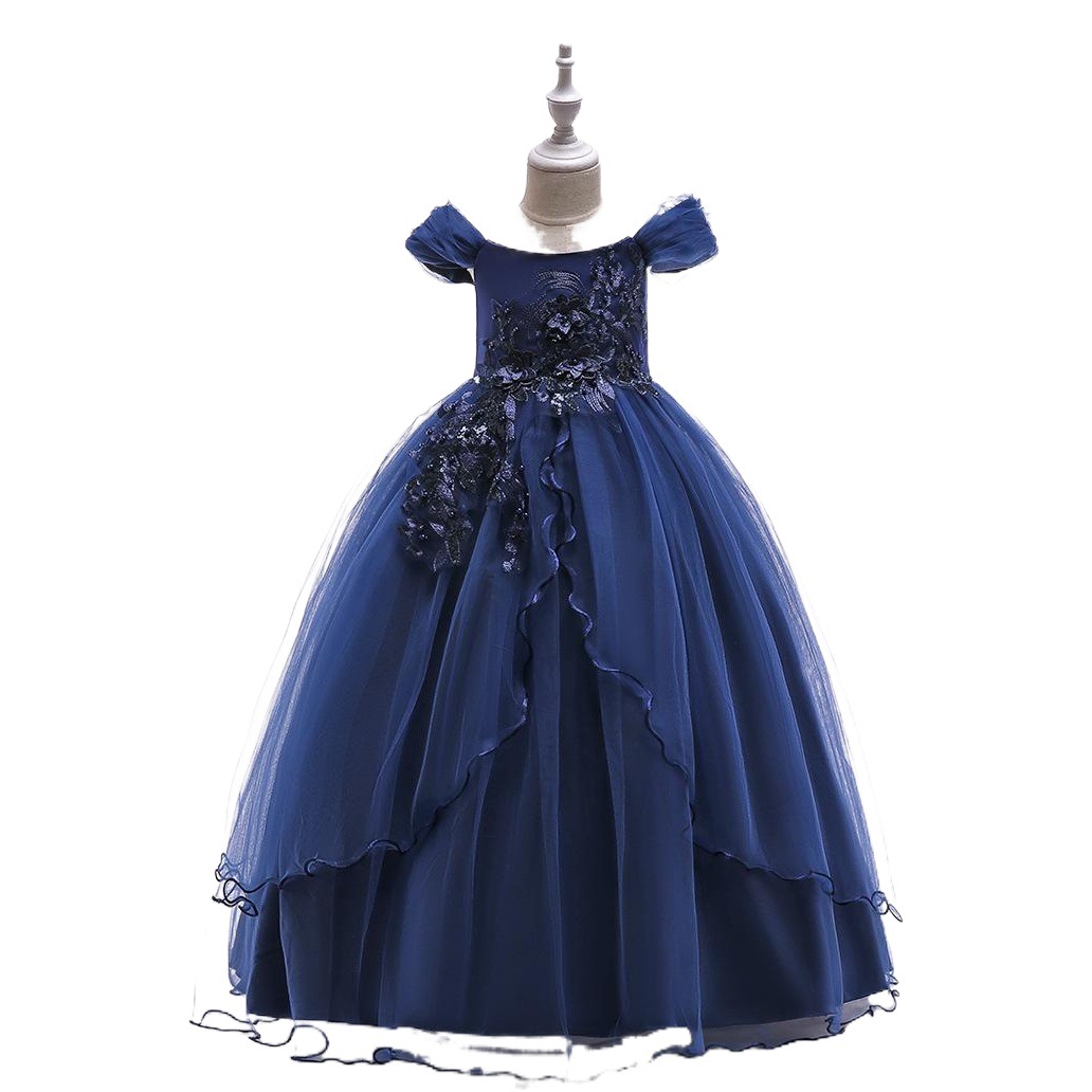 Nueva ropa infantil: vestido largo de princesa con un solo hombro, vestido largo de flores de hadas, vestido esponjoso para espectáculos.