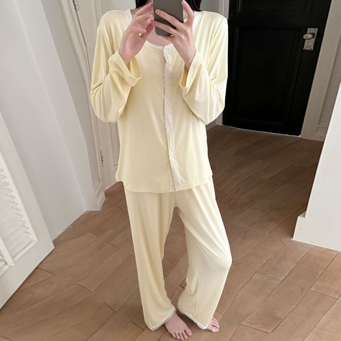 秋冬季带胸垫长袖睡衣女士休闲甜美花边长裤家居服两件套装开衫|undefined
