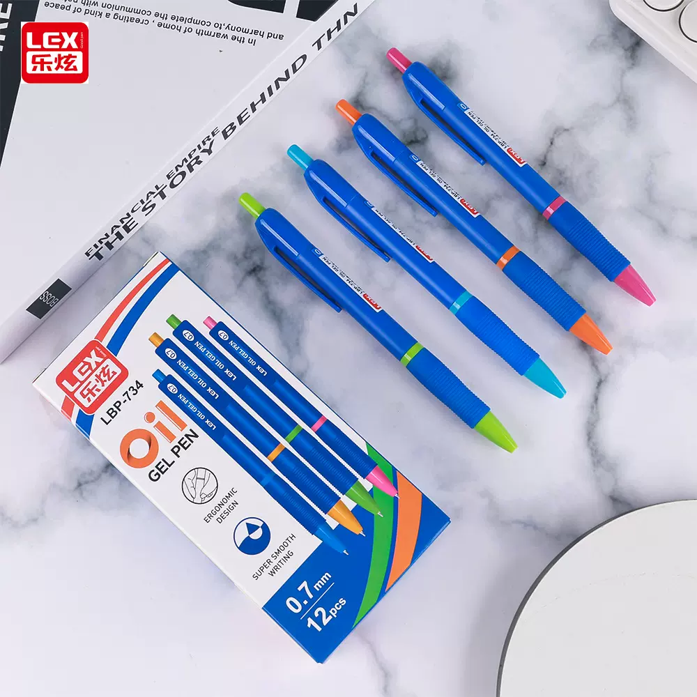 12支跨境爆款按动圆珠笔中油笔针型0.7mm舒适护套学生按动笔批发