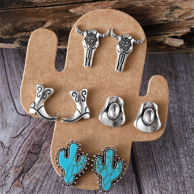 1 Jeu Style Cow-boy Style Moderne Style Classique Cactus Chapeau Bottes Placage Incruster Alliage De Zinc Turquoise Boucles D'Oreilles display picture 3