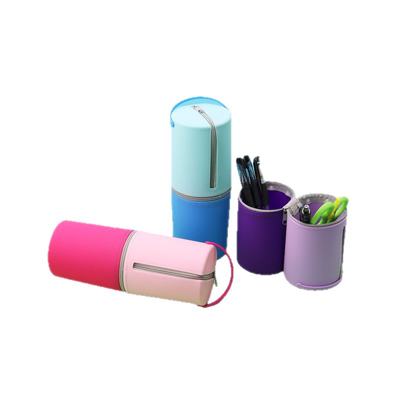 Nuevo portalápices de silicona con cilindro portátil de doble capa transfronterizo, portalápices de almacenamiento de gran capacidad, bolsa de papelería para estudiantes, color en contraste