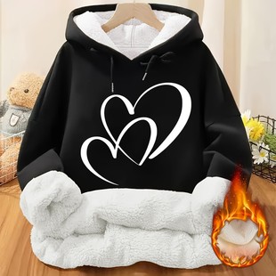 Explosive Women's Casual Winter Warm fleece-lined Lining Heart-Shaped Printed Hooded Sweatshirt Thick Pullover Plus Pocket