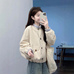 早秋新款日系慵懒风宽松撞色夹克外套少女小众设计感立领格纹上衣