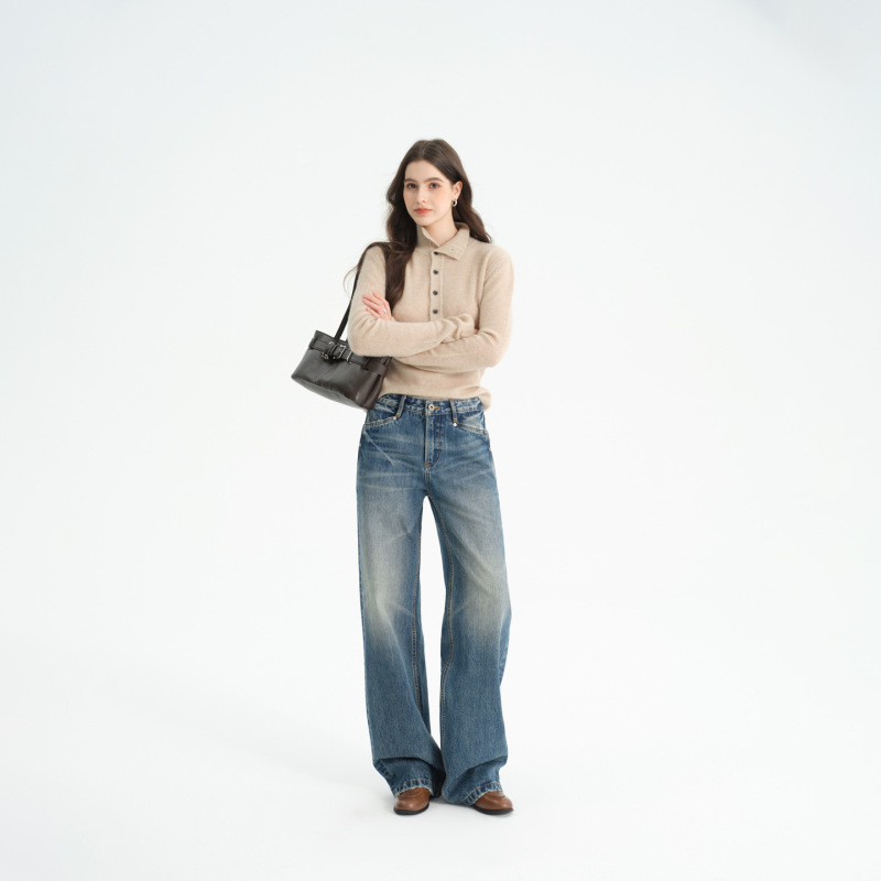 New autumn and winter loose-fit pure cotton jeans for women, high-waisted, slimming, light blue, high-end, light luxury, washed wide-leg pants