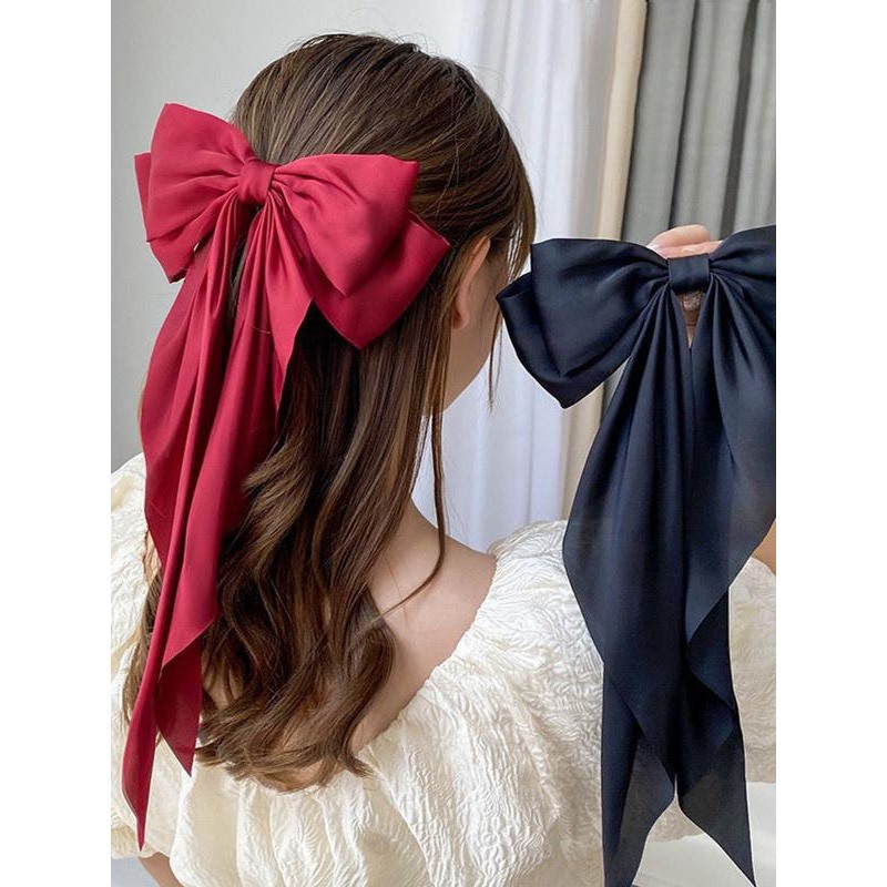 Export Cross-Border Popular Hair Accessories Satin Bow Hairpin Solid Color Large Bow Long Ribbon Spring Clip Headband Hair