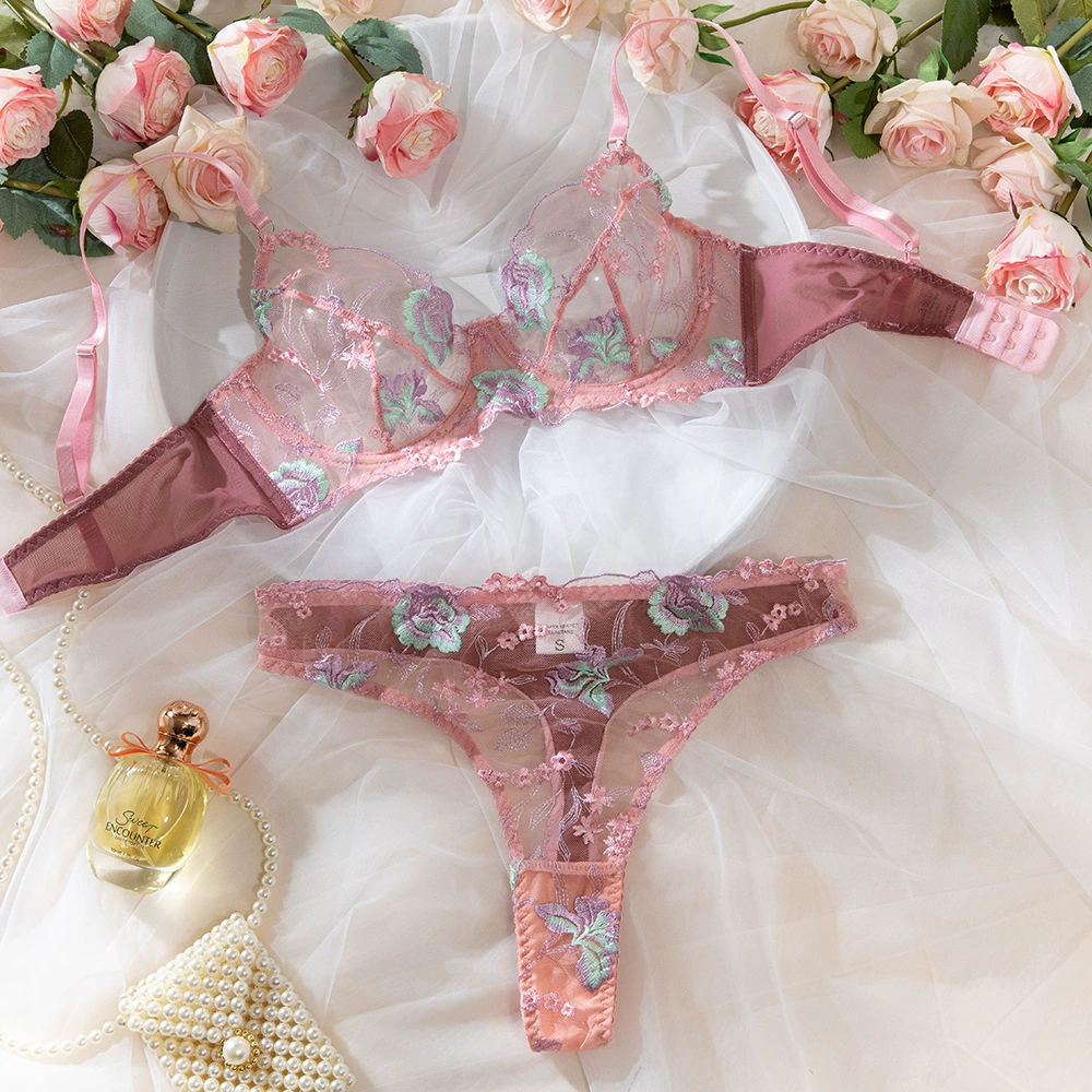 Lace bra and panty set, European style, embroidered floral, with steel rings, fuchsia, S–L