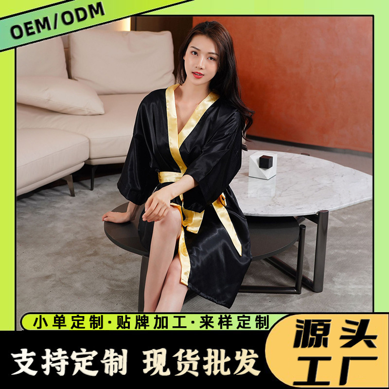 Processed Customized Nightgown, Simulated Silk Satin Bridesmaid Kimono, Export Pure Color Ice Silk Dressing Gown, Sexy Splicing Bathrobe