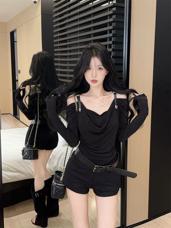 港风辣妹设计感露肩长袖T恤女秋季别致独特荡领设计感褶皱上衣ins|undefined