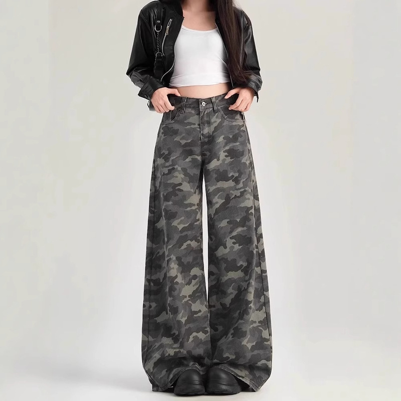 American Style High Street Tooling Wide Leg Camouflage Jeans Women's Spring Retro High Waist Loose Slimming Straight Pants
