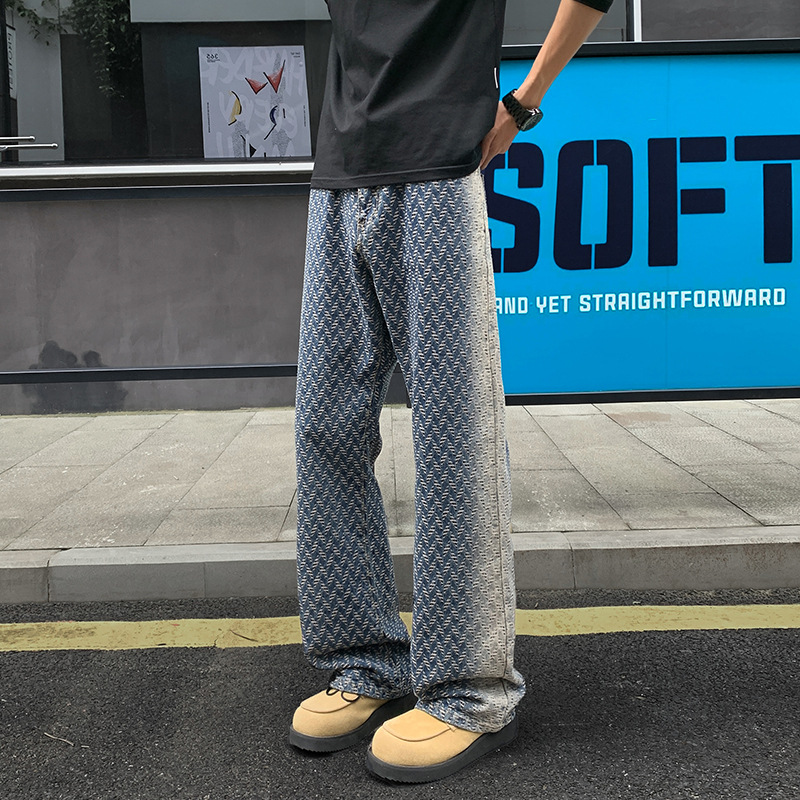 Jeans mit Allover-Jacquardmuster, Herbst-Cleanfit, amerikanische High-Street-Straight-Wide-Leg-Long-Pants, Herren-High-Waist_voghion.com